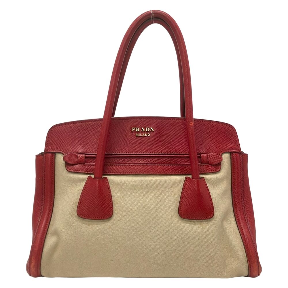 Prada Handbag BN2595 Red Beige Leather Canvas